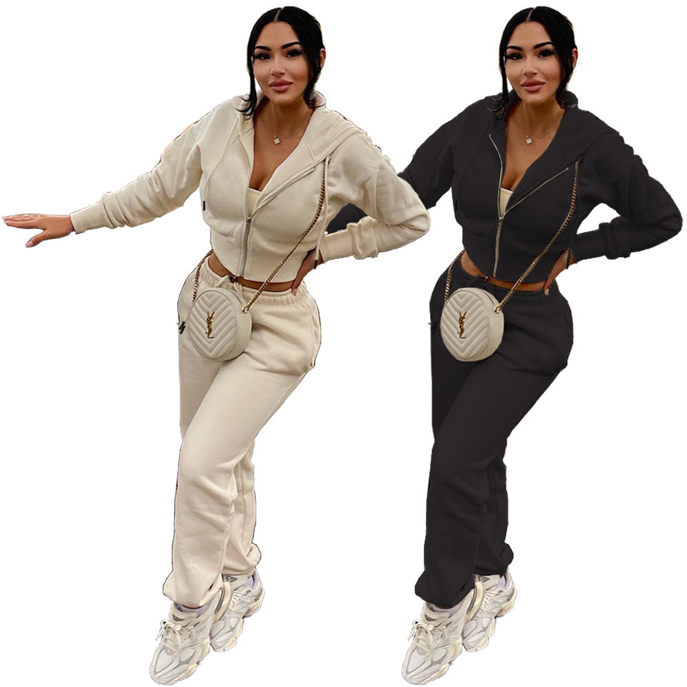 Women Solid Patchwork Ribbed Hooded Zipper Pocket Loose Jacket and Pants Two-piece Set 7