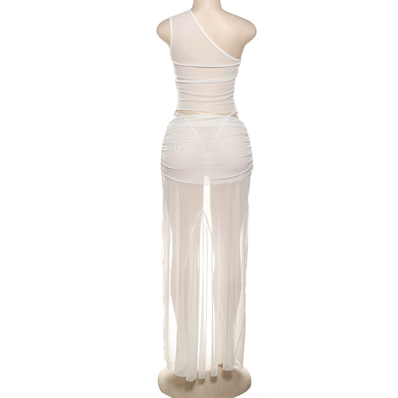 Women summer sexy one-shoulder mesh see-through top and skirt two-piece set 9