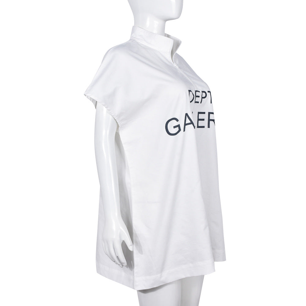 Summer Loose Zipper Printed Stand Collar Short-Sleeved Dress For Women 6