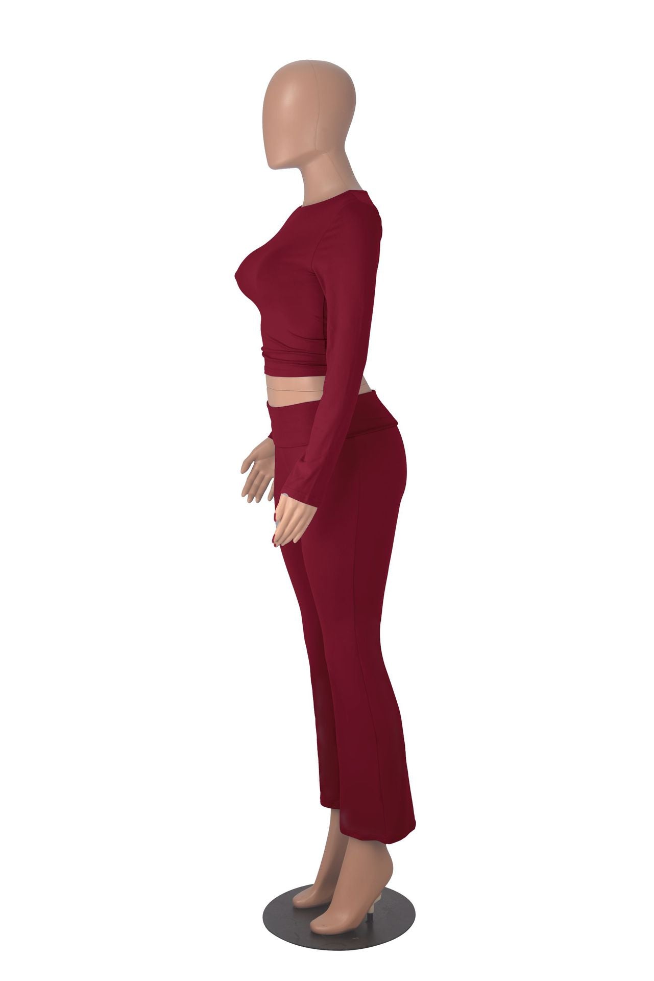 Women long sleeve round neck top and bell bottom pant two-piece set 25