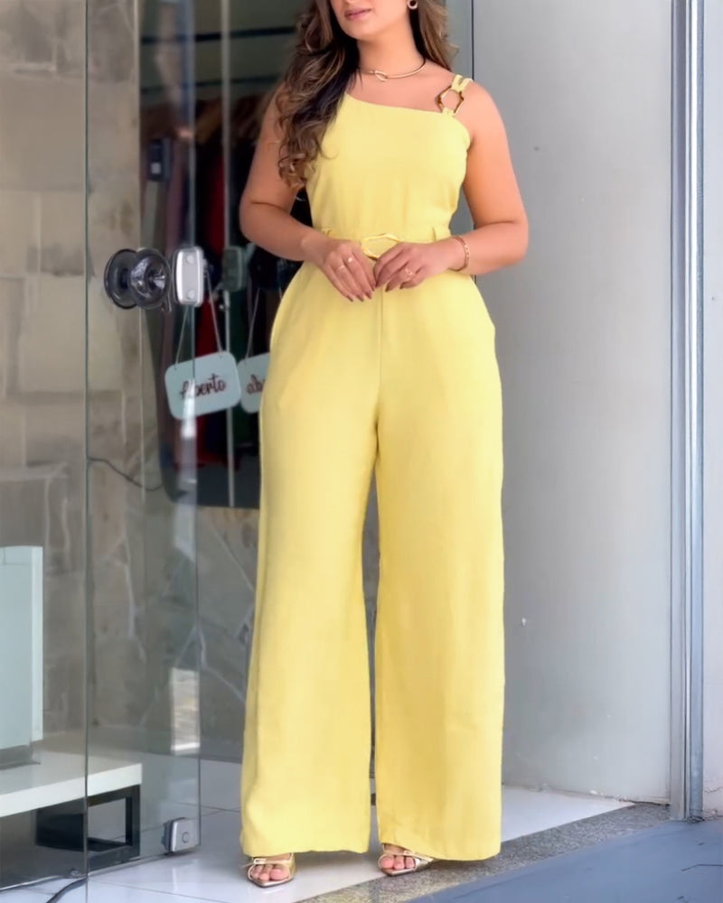 Metallic Buckle Sleeveless Wide-Leg Jumpsuit