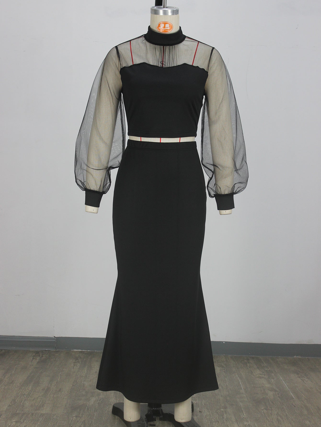 Women Elegant Mesh Patchwork Top And Long Skirt Two-piece Set 10