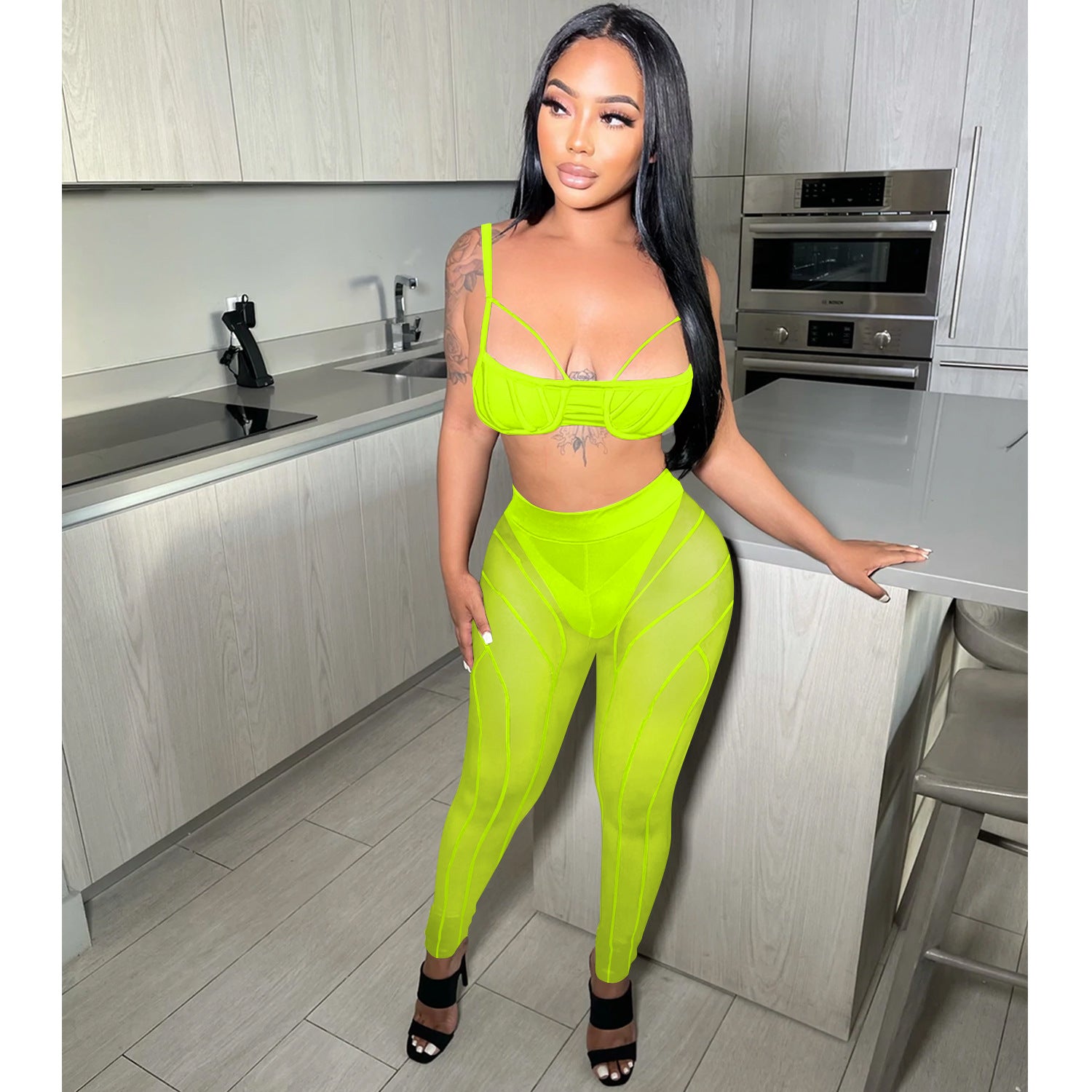 Women sexy bra strap zipper mesh See-Through trousers two-piece set 7