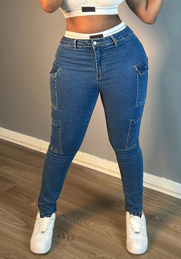 Women Multi-Pocket Dark Blue Denim Pants