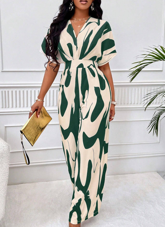 Women Print Bat Sleeves Wide Leg Jumpsuit