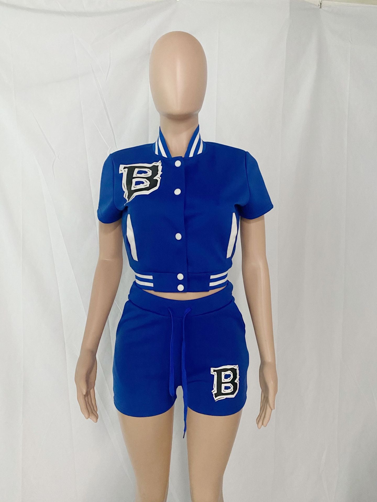 Women's Letter Print Ribbed Baseball Jacket Shorts Two Piece Set 19