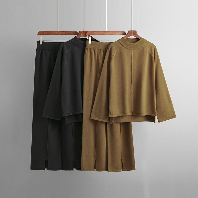 Women autumn and winter loose solid sweater and slit wide-leg pants two-piece set 14