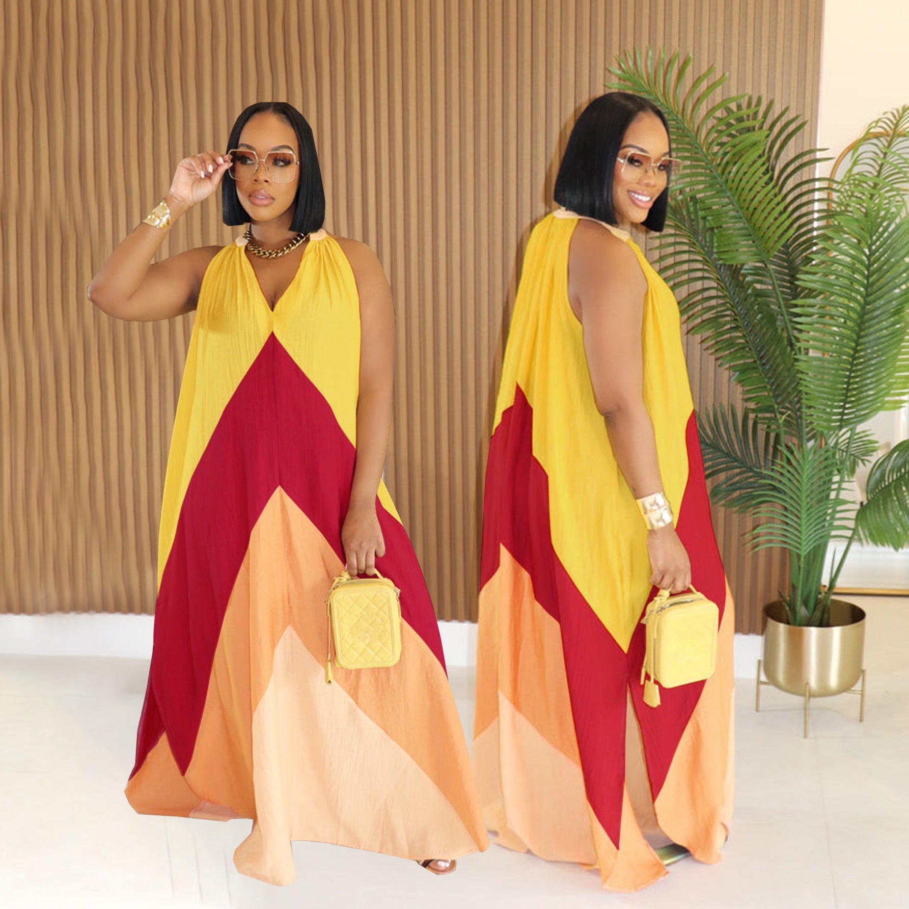 Women Summer V-Neck Long Contrast Sleeveless Holidays Dress 6