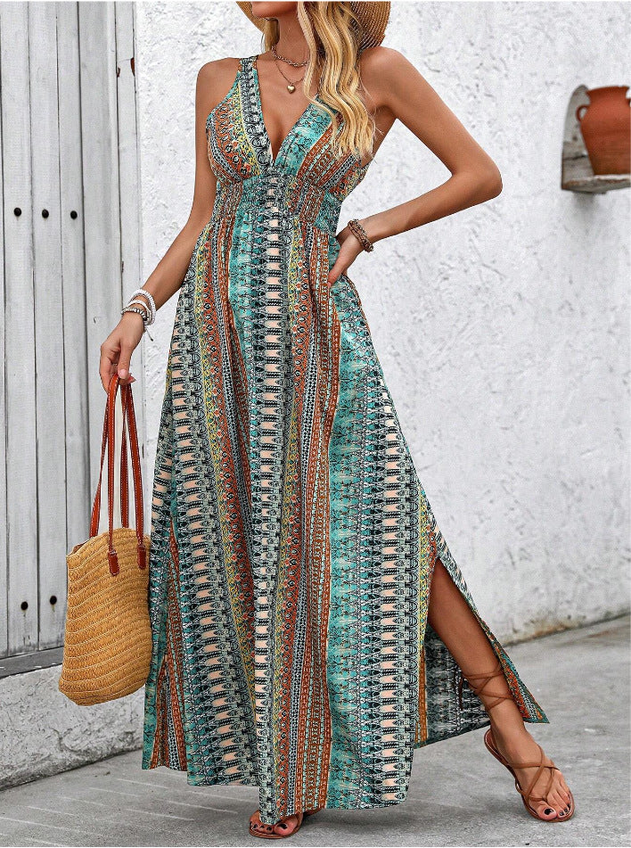 Women Summer Holidays V Neck Print Sleeveless Dress 3