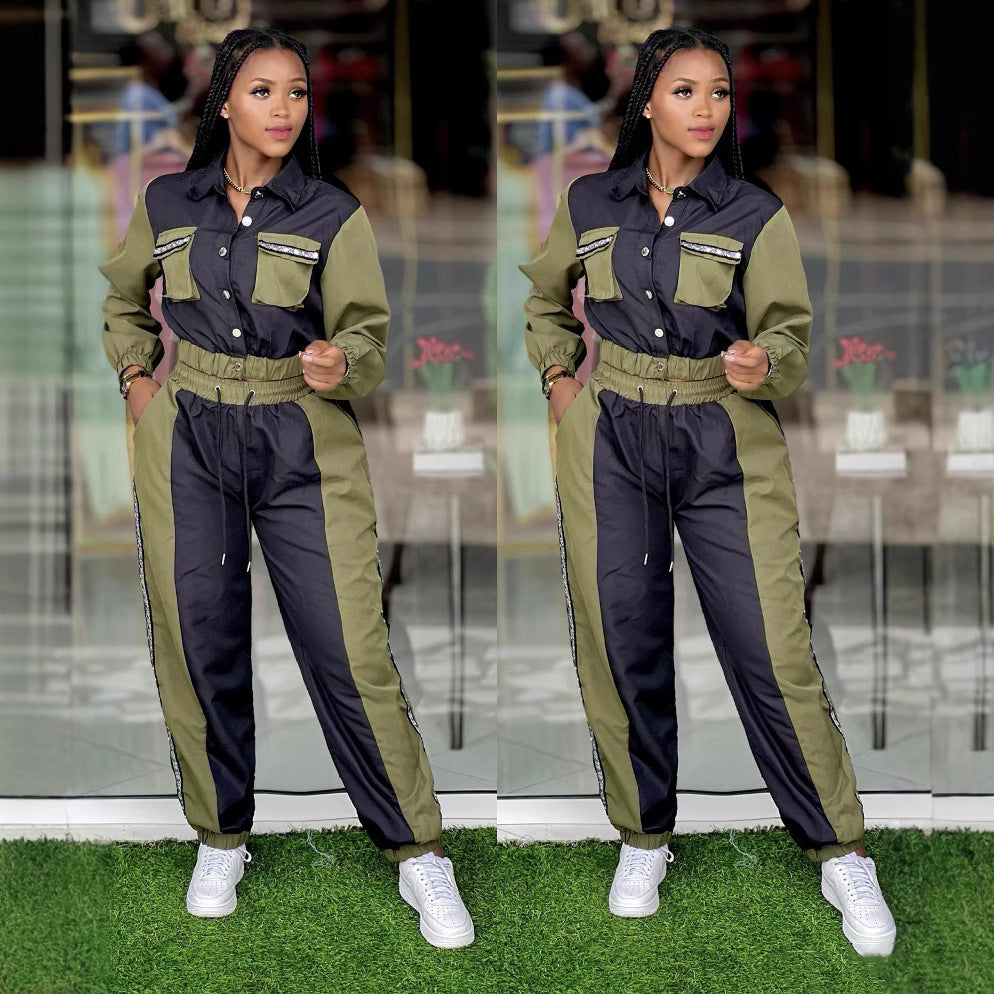 Women color matching Top and multi-pocket trousers Casual Two Piece Set 3