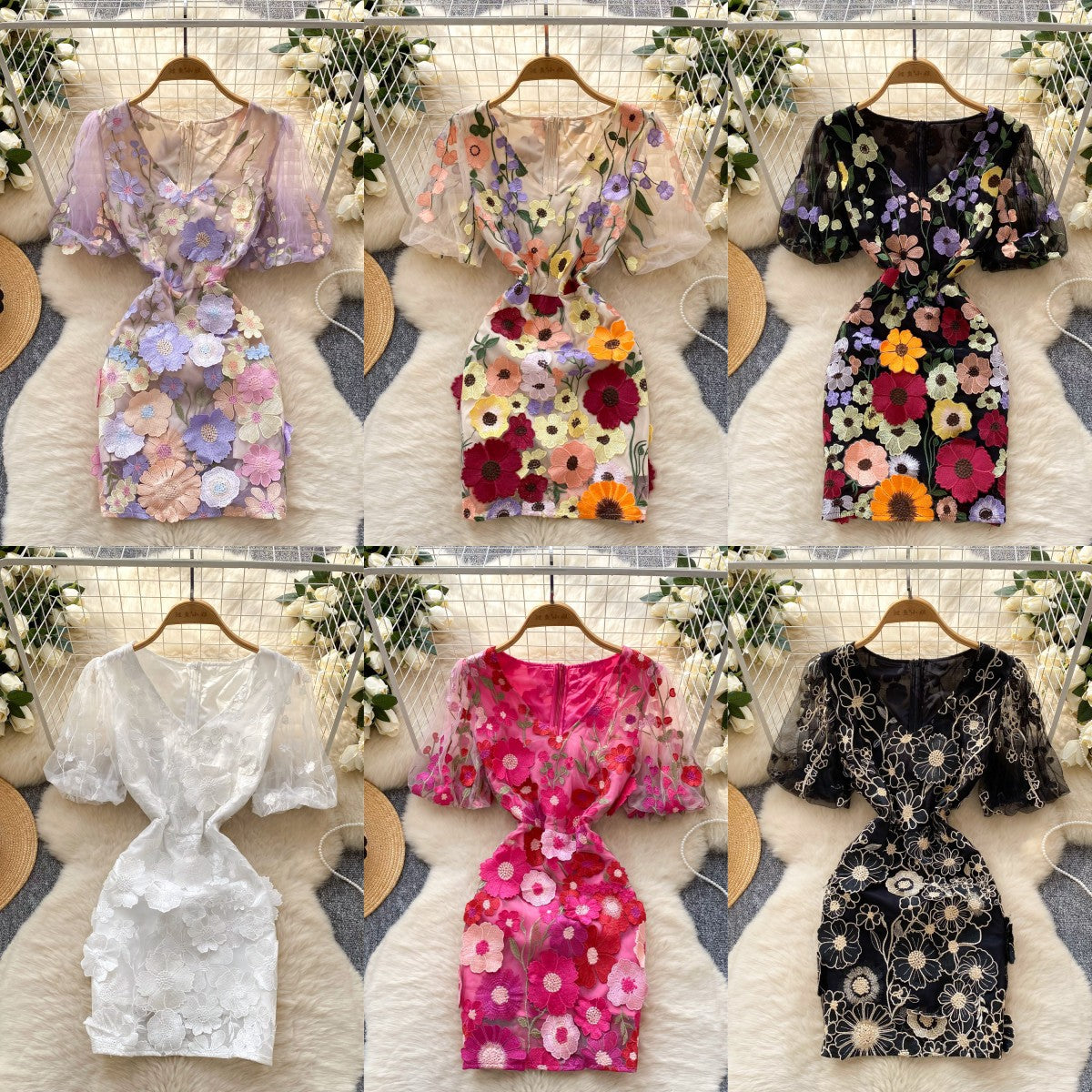 Women's  Luxury Embroidery Mesh Puff Sleeve Slim Waist Short Chic Dress 8