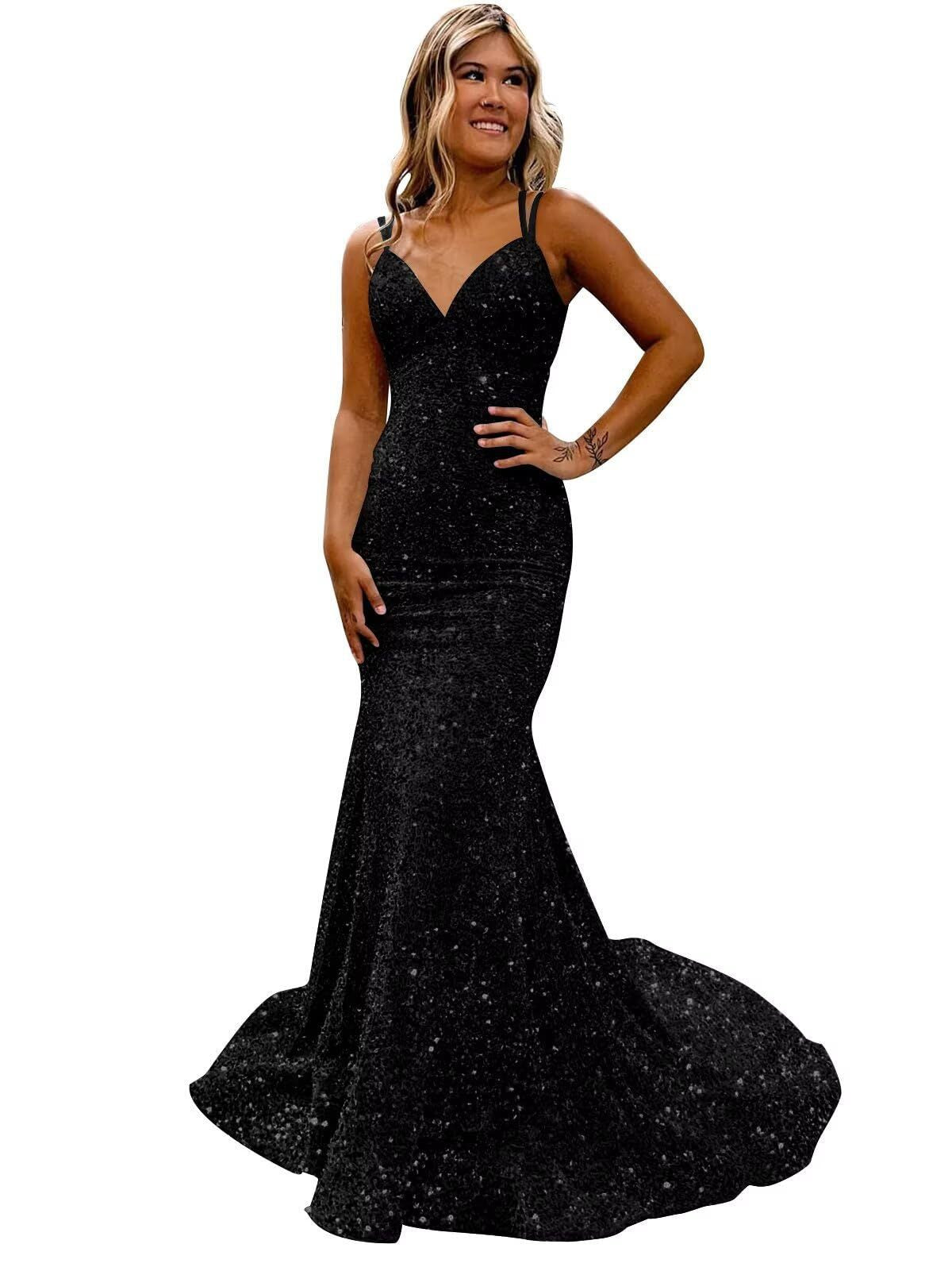 Women sequined ball Bodycon fishtail V-neck party evening dress（Processing time need 3-6 days） 3
