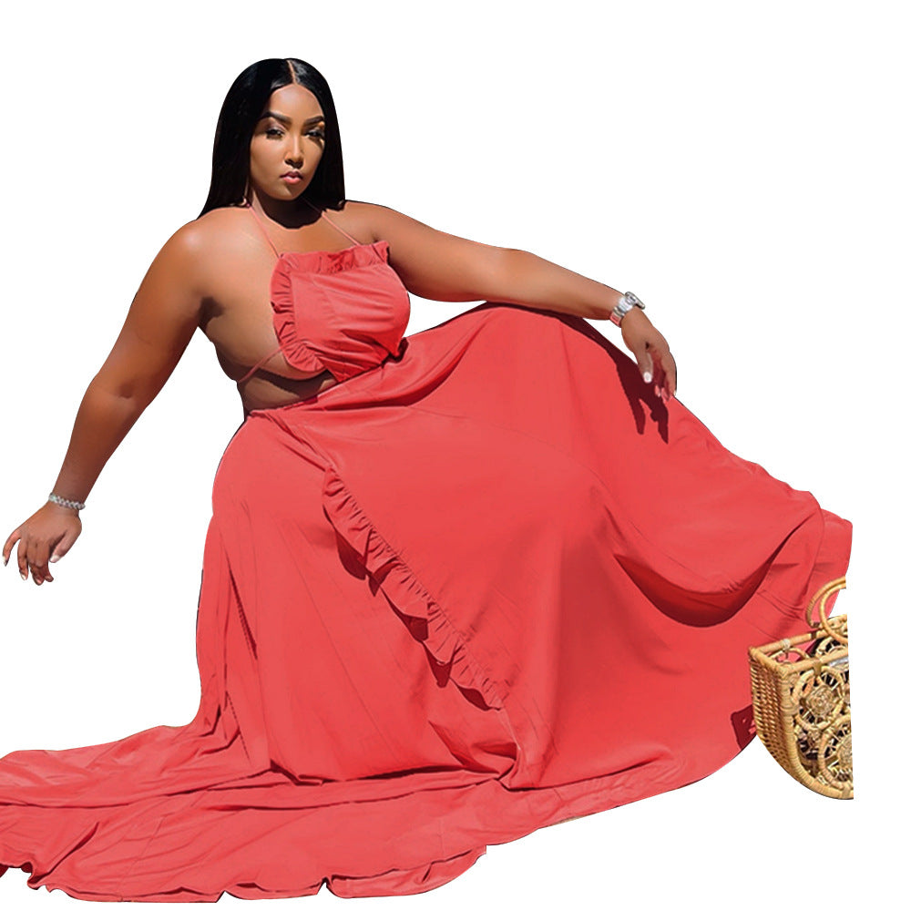 Sleeveless Halter Neck Ruffle Dress Sexy Solid Low Back Maxi Dress 9