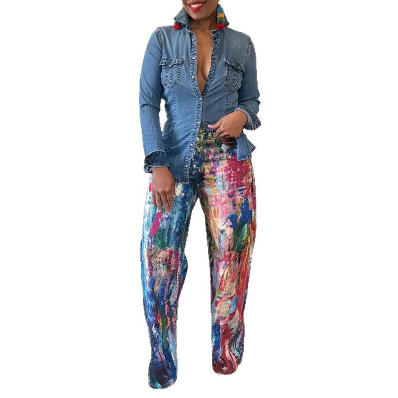 Women's Fashion Casual Straight-Leg Painted Stretch Denim Pants 6
