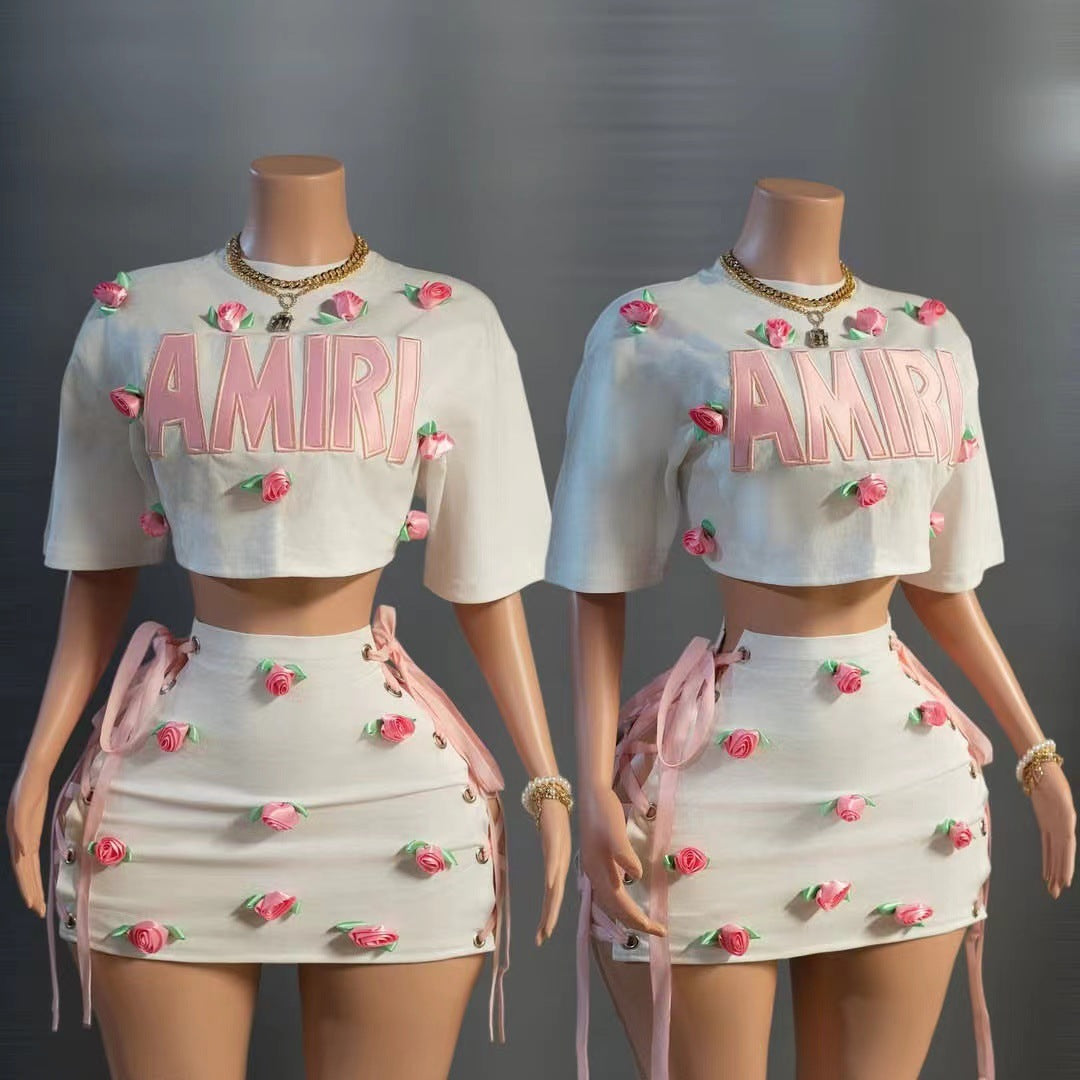 Women's Sexy Crop Top & Short Skirt Set with Rose Decoration