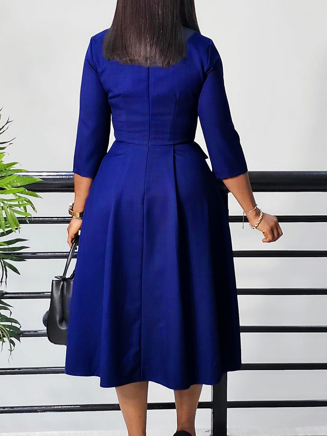 Plus Size African Women Autumn Elegant Solid Pleated Dress 7