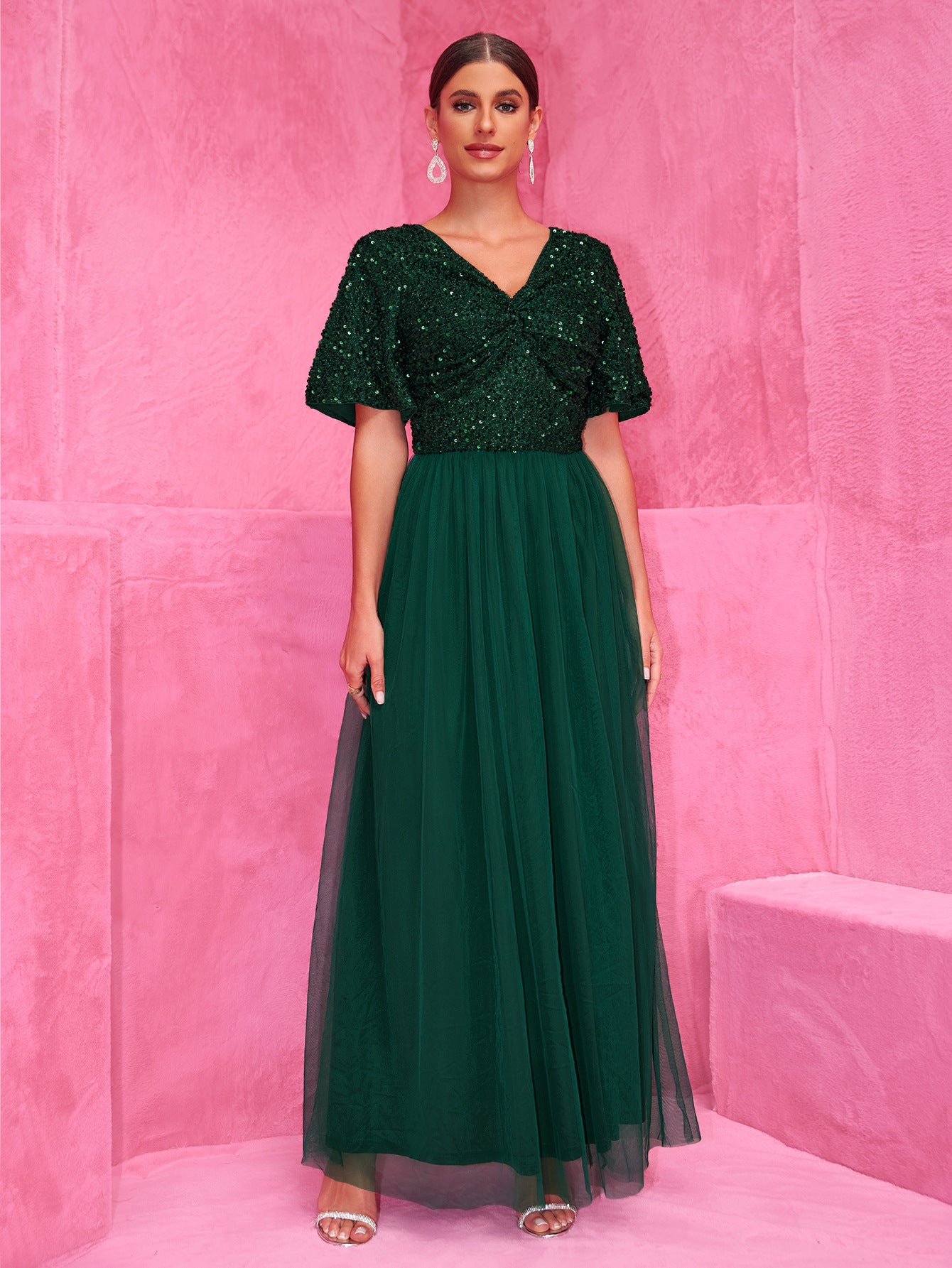 Women Elegant Sequin Short Sleeve Patchwork V-Neck Dress 3