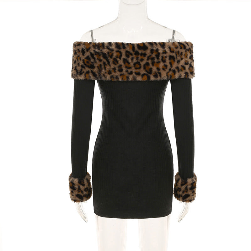 Spring and Autumn Women's Clothing Sexy Leopard Off Shoulder Slim Waist Long Sleeve Bodycon Dress 5