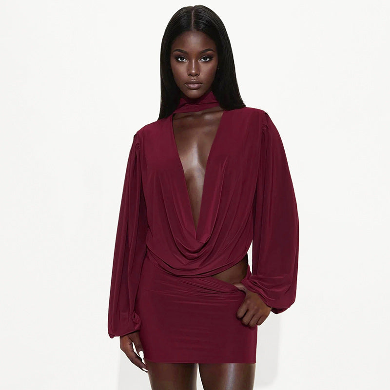 Women Fall Solid Casual V-Neck Long-Sleeved Top and Mini Skirt Two-Piece Set 27