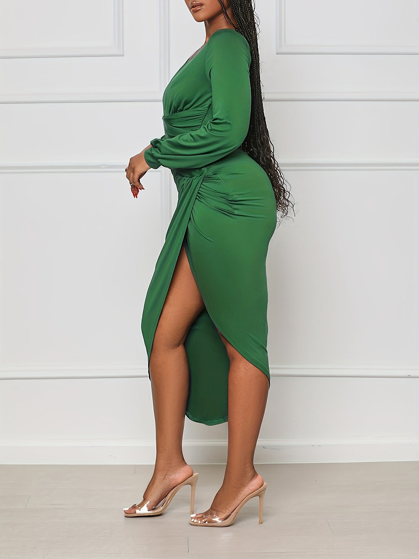 Women's Sexy Bodycon Deep V Slim Waist Lantern Sleeve Ruffle Slit Evening Party Dress 3