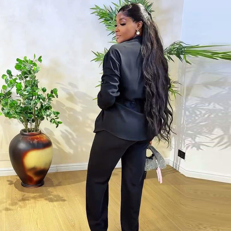 Spring Women's Suit Slim Waist Shirt Trousers Black Two-Piece Set 6