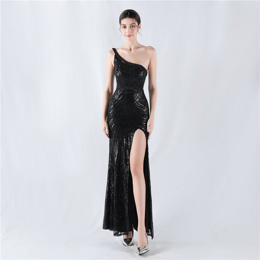 Women Flower Sequin Beaded One-shoulder Evening Dress 12