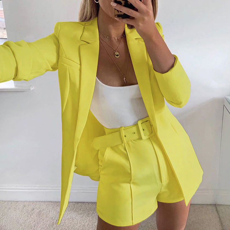 Women fashion Blazer+Shorts with belt Two-piece 5