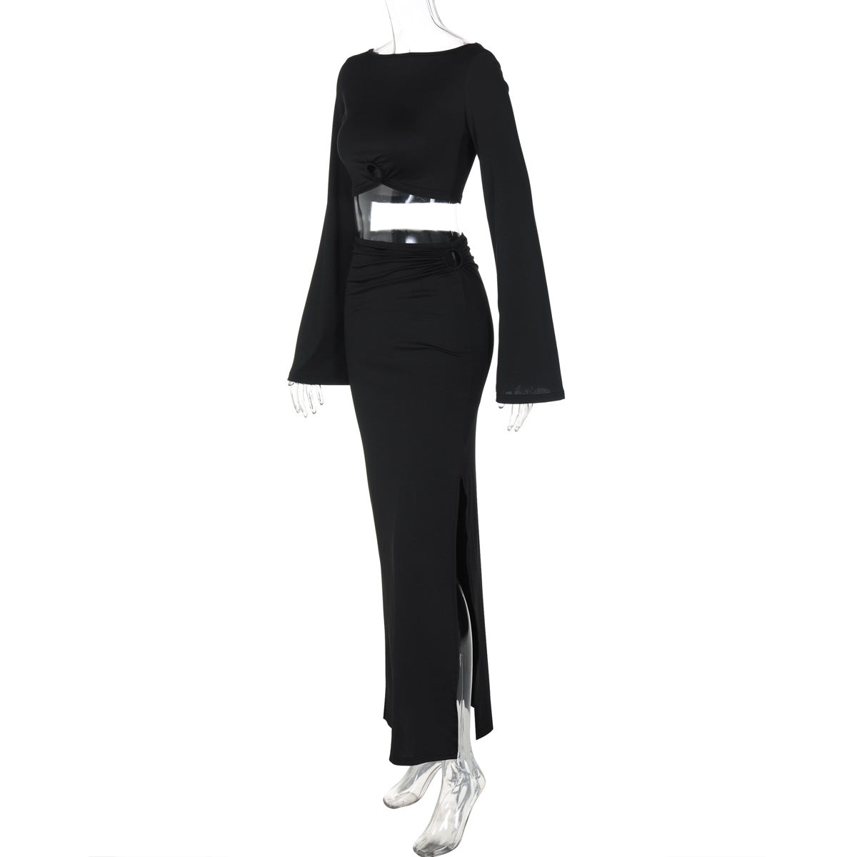 Women Solid Bell Bottom Long Sleeve Slit Top and Long Skirt Two-piece Set 8