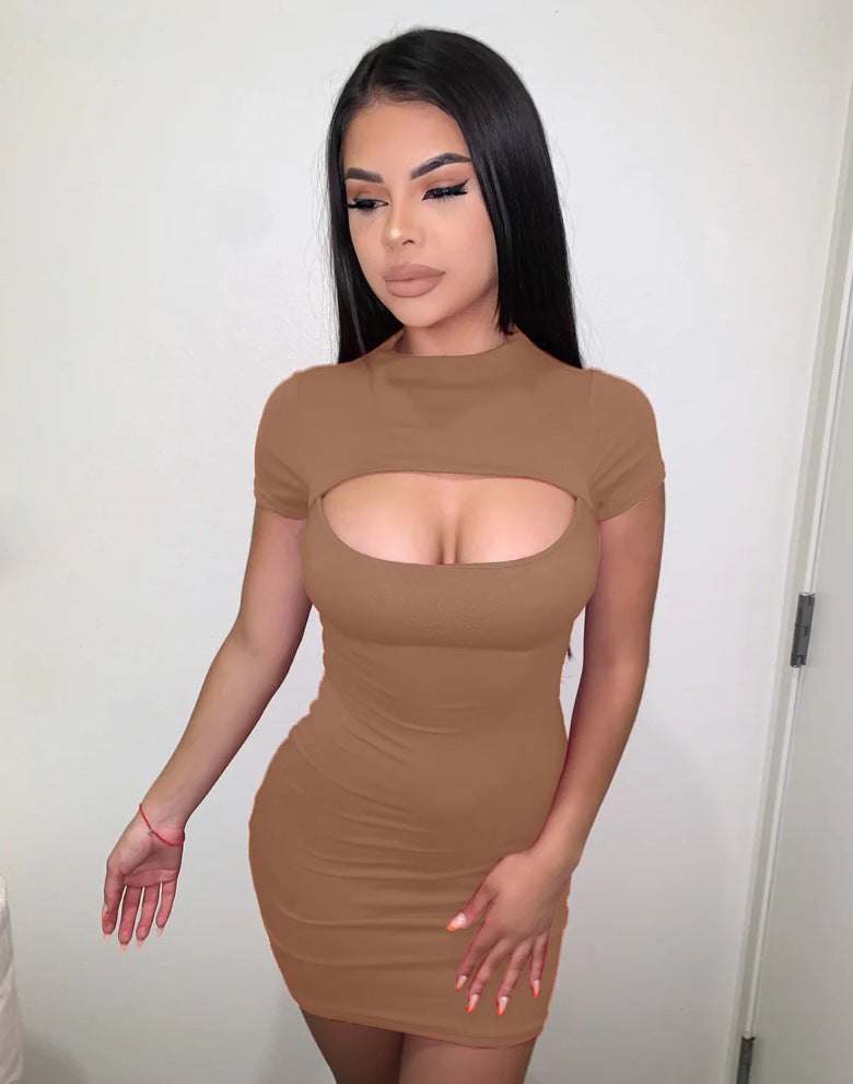 Sexy Solid Color Hollow Short Sleeve Bodycon Dress 9