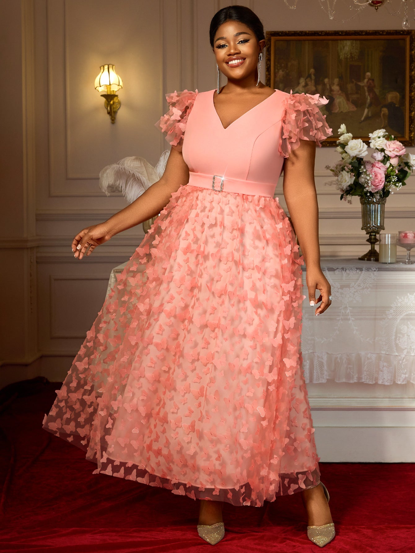 Plus-Size Women V-Neck Ruffle Sleeve Butterfly Formal Party Dress 4