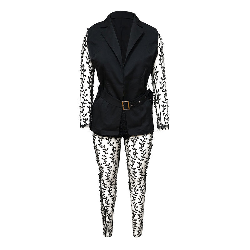 Women mesh lace Floral long-sleeved Top and Bell Bottom long pants two-piece set with belt 11