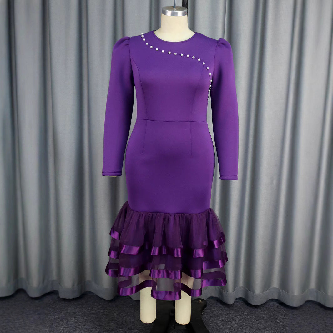 Women beaded Formal Party long sleeve Dress 3