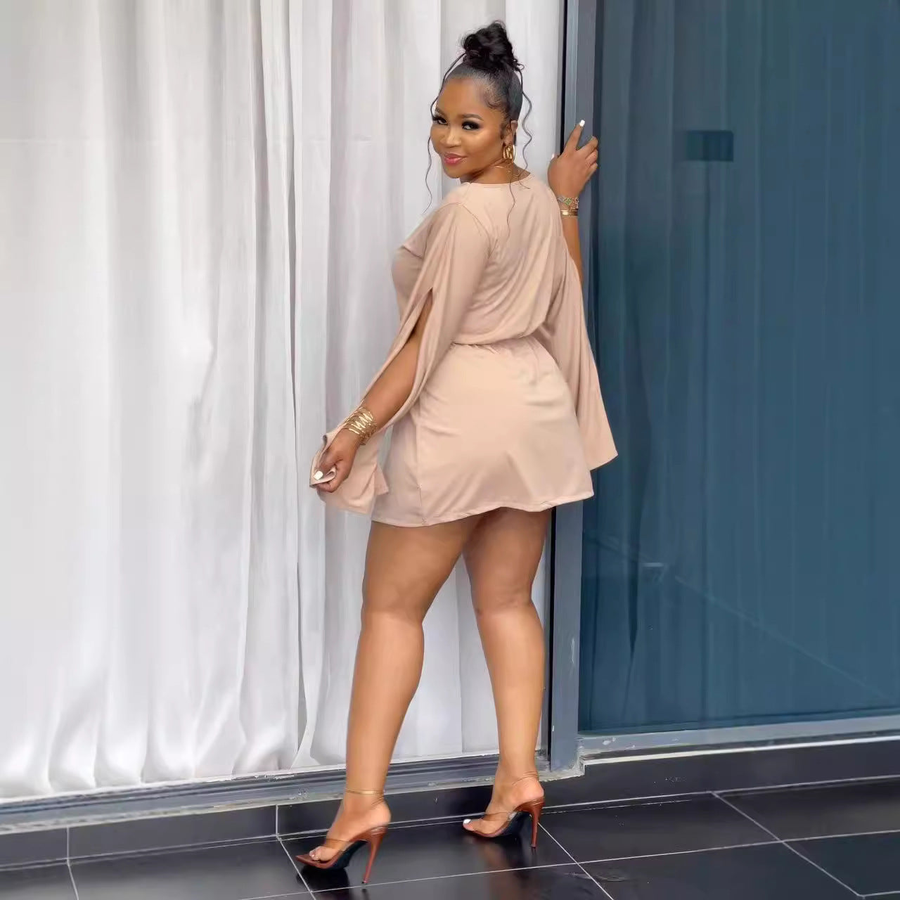 Autumn Fashion Split Sleeve Drawstring Slim Waist Casual Women's Dress 5