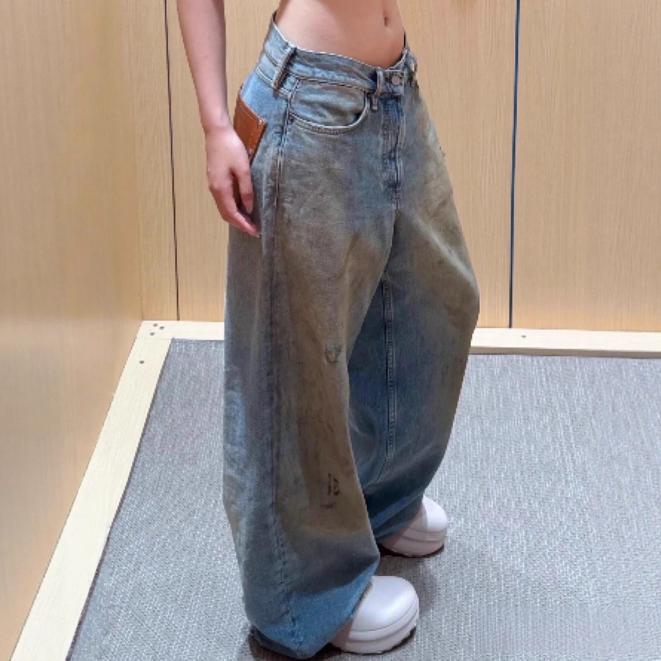 Women American Autumn Studded Patchwork Ink-Washed Denim Pant