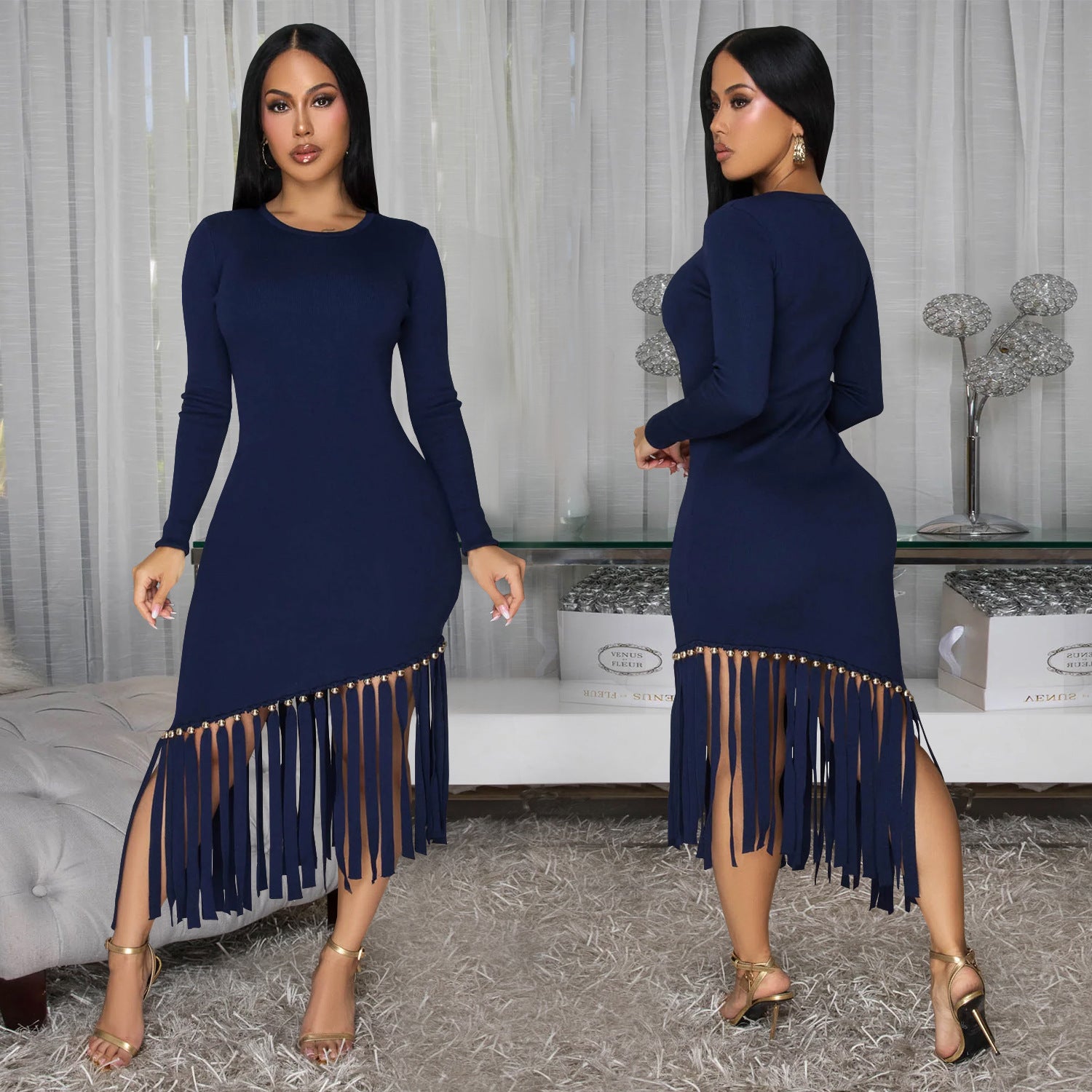 Women Solid Round Neck Tassel Dress 3