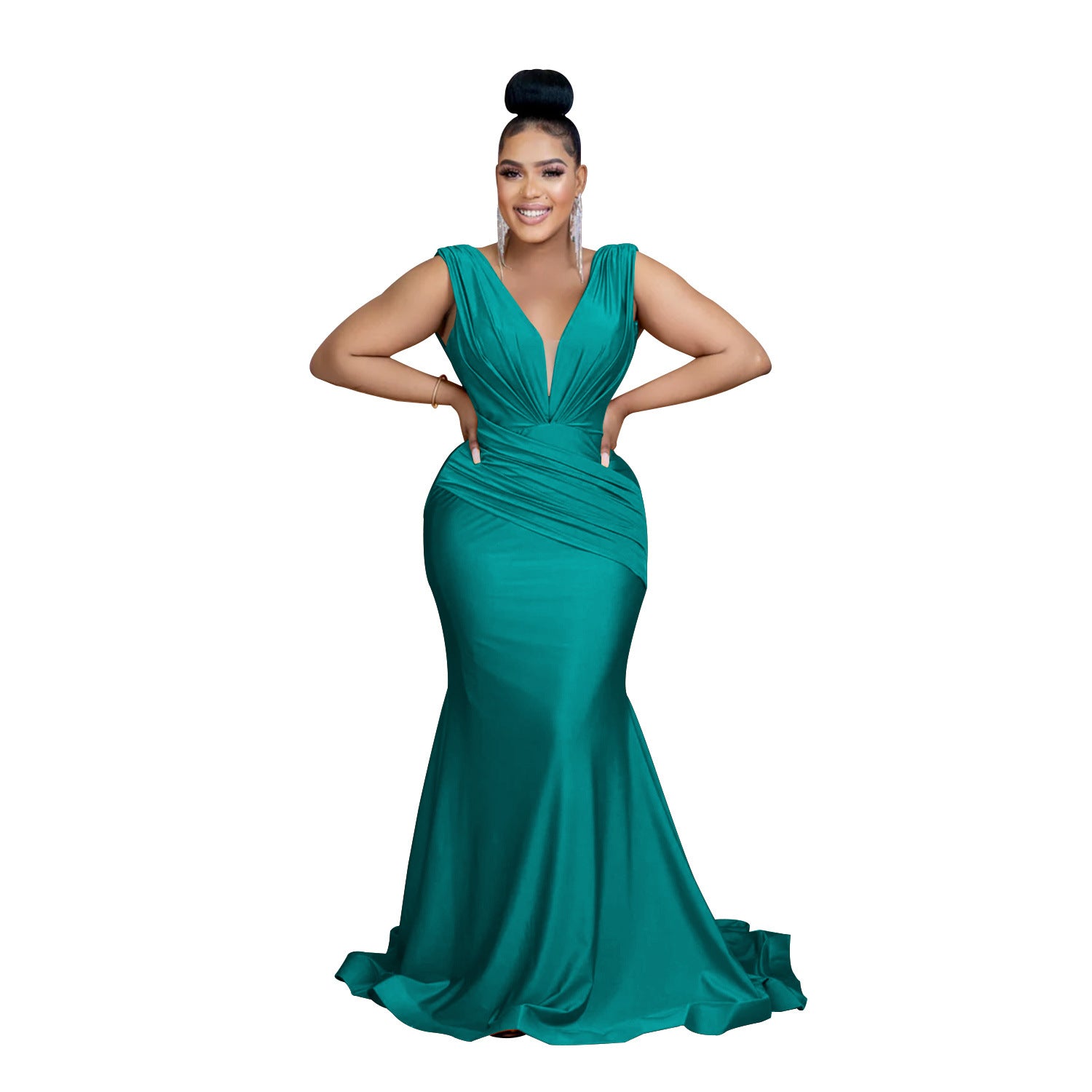 Women Solid V-Neck Sleeveless Pleated Maxi Dress 19