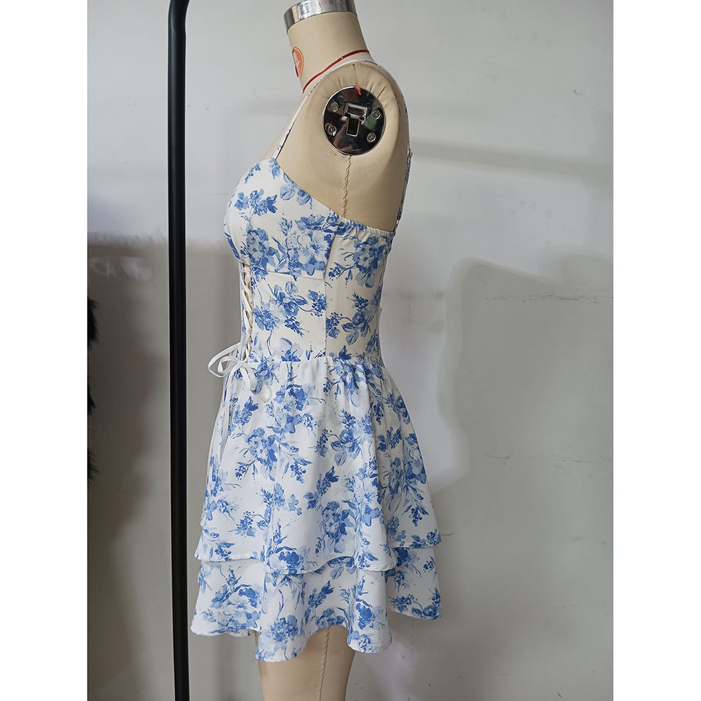 Summer Women's Fashion Print V Neck Sleeveless Strap Cake Short Dress 9