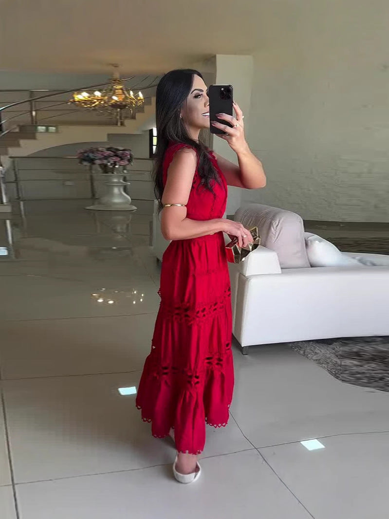 Hollow Embroidery V-Neck Long Sleeveless Casual Long Dress 4