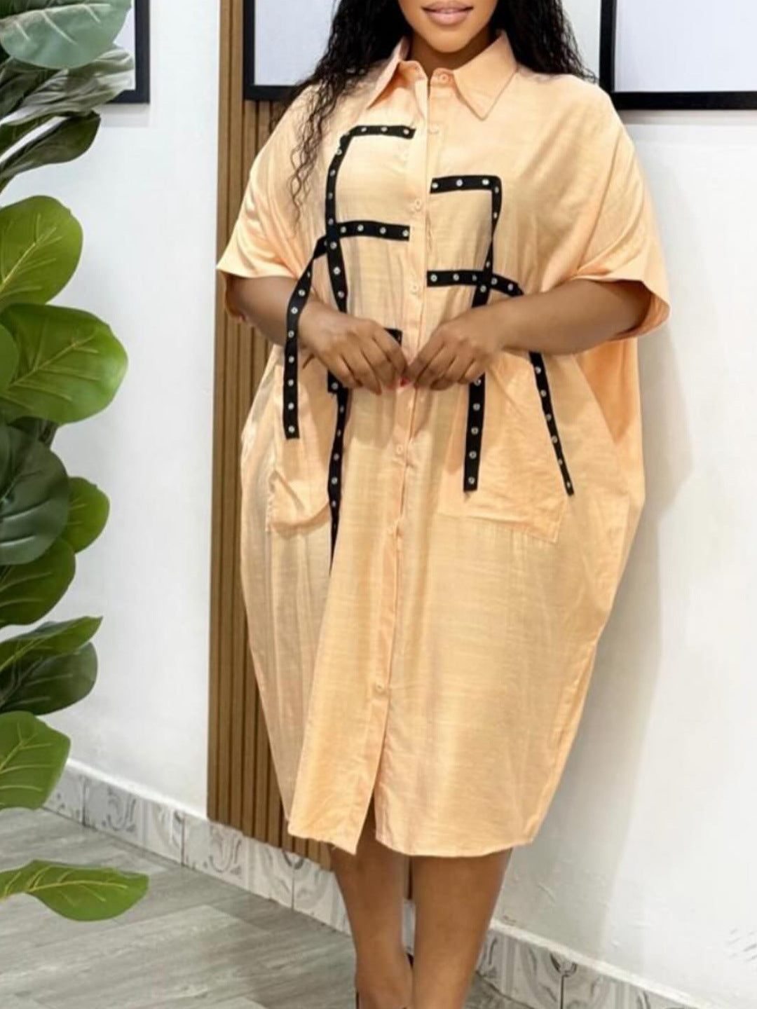 Women Short Sleeve Turndown Collar Shirt Dress 9