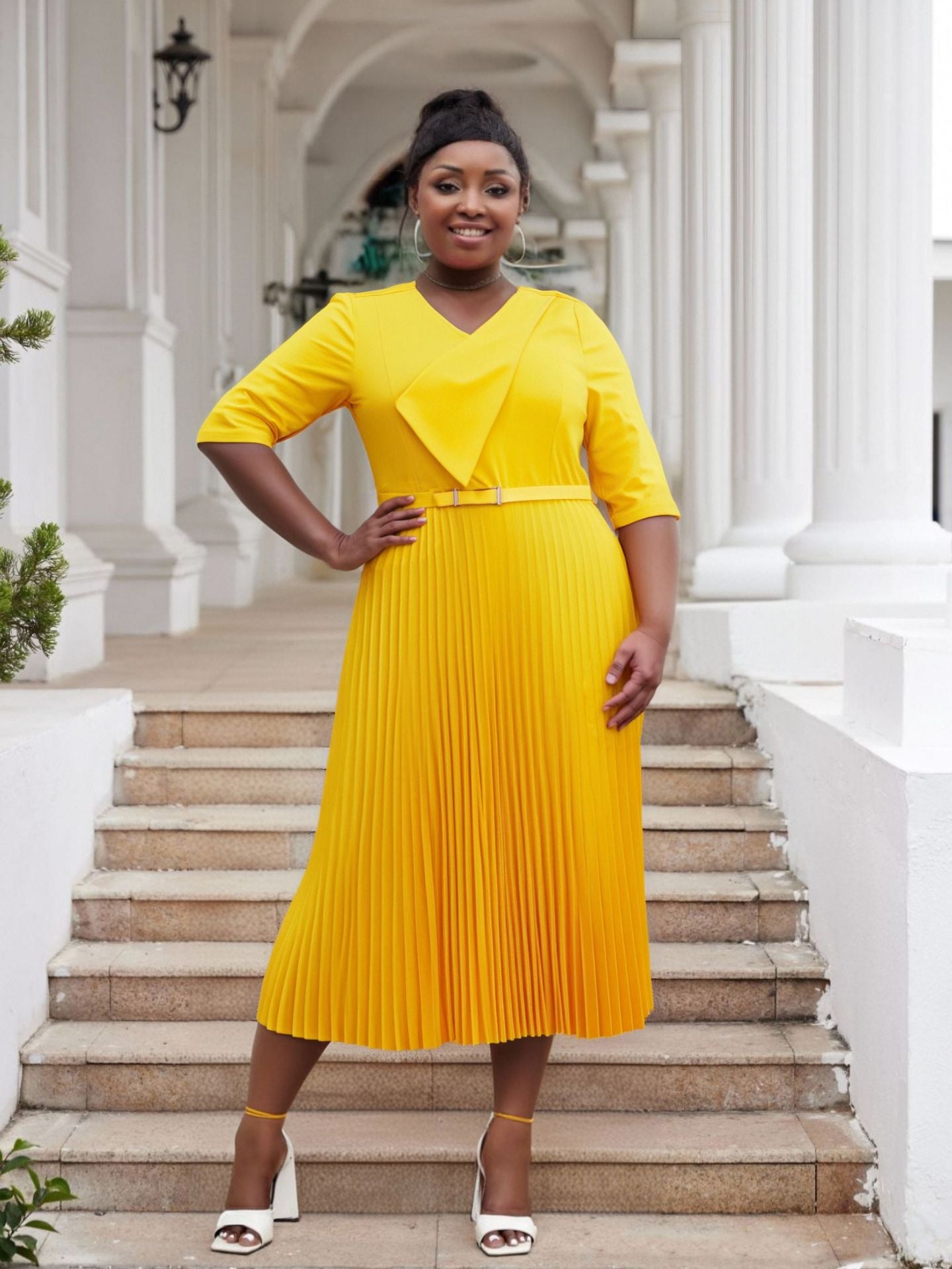 Plus Size fashion Career women's summer fashion Chic V-neck solid color pleated office dress 3