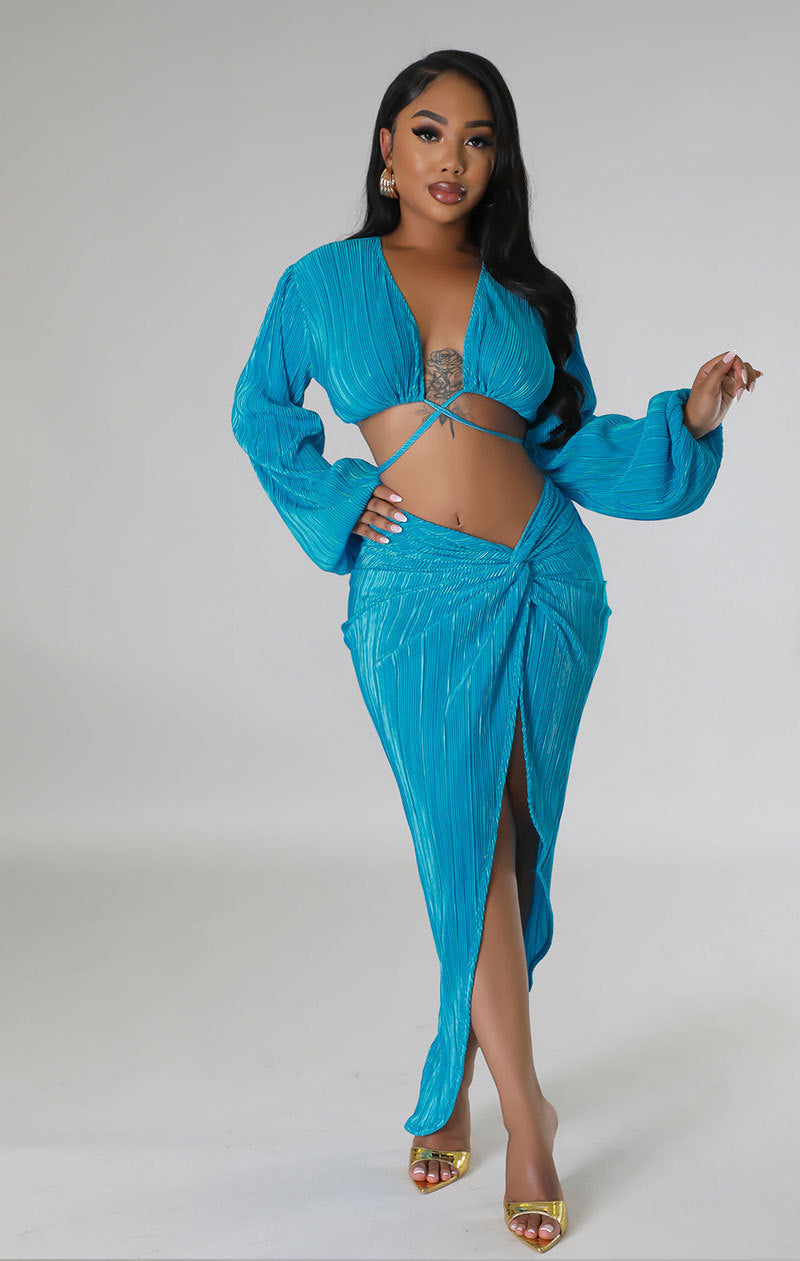 Women's Fashion Summer Solid Casual Long Sleeve Sexy Two-Piece Skirt Set 3