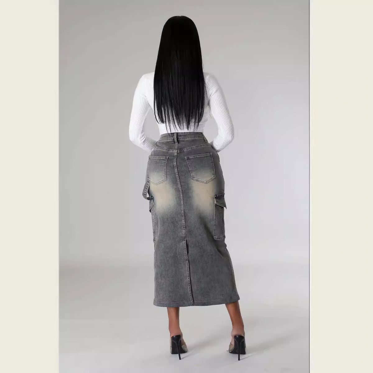Pocket Stretch Denim Long Skirt 3