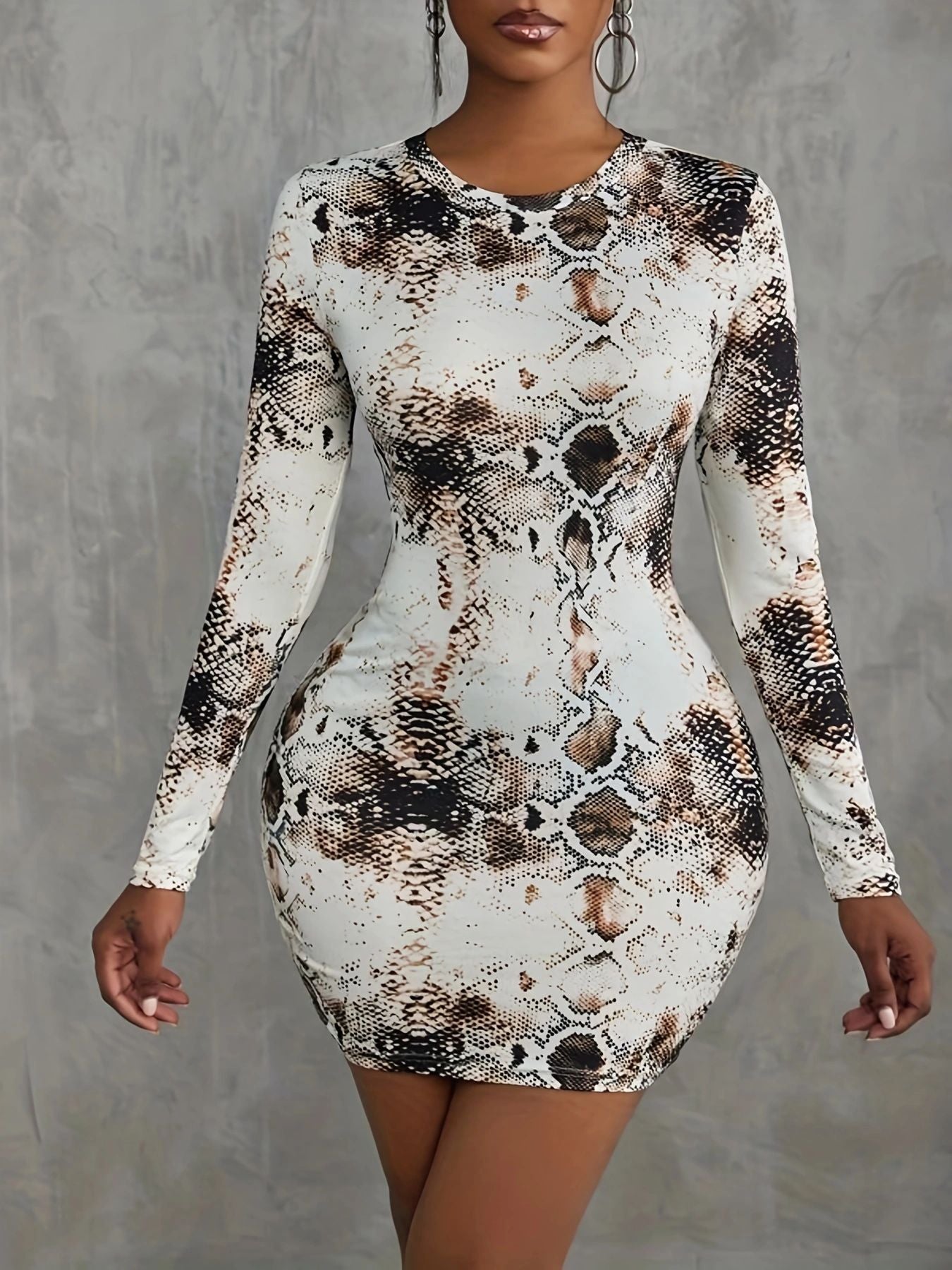 Women's Round Neck Snake Print Long Sleeve Bodycon Dress