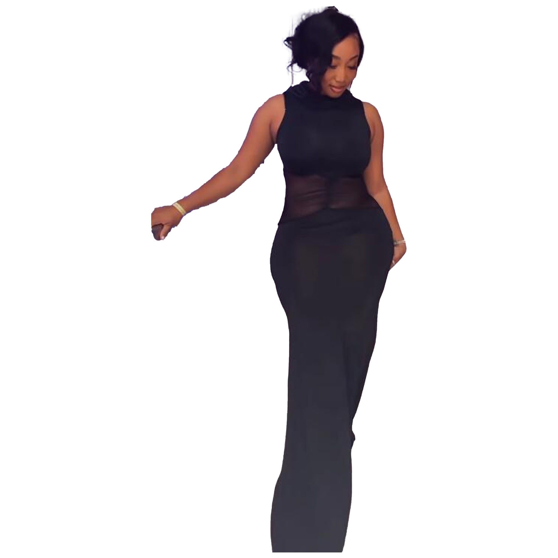 Sexy Turtleneck Sleeveless Stretch Mesh Patchwork See-Through Tight Fitting Long Dress 7