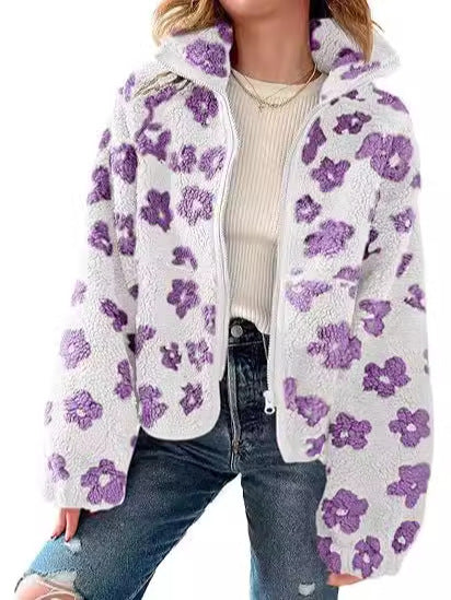 Women zipper printed pocket flower jacket 6