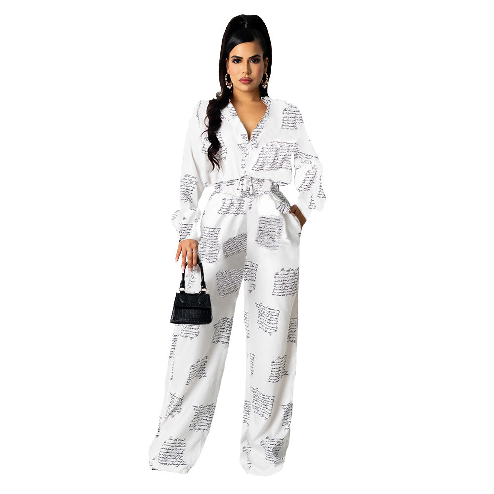 Women Irregular Printed Shirt and PantCasual Two-piece Set including Belt 3