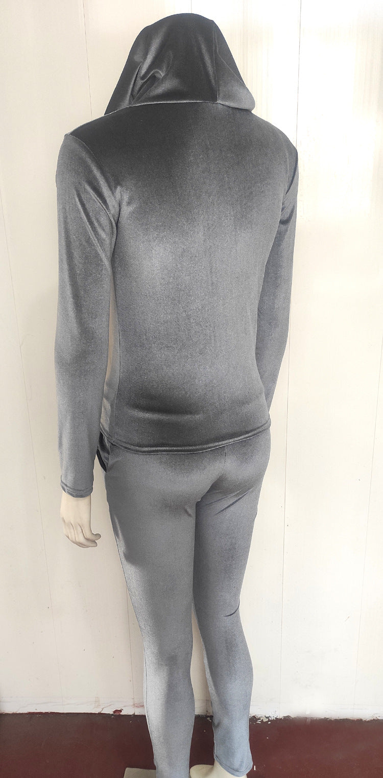 Women Fall and Winter Casual Velvet Hooded Zippered Top Long Pants Two-piece Set 14