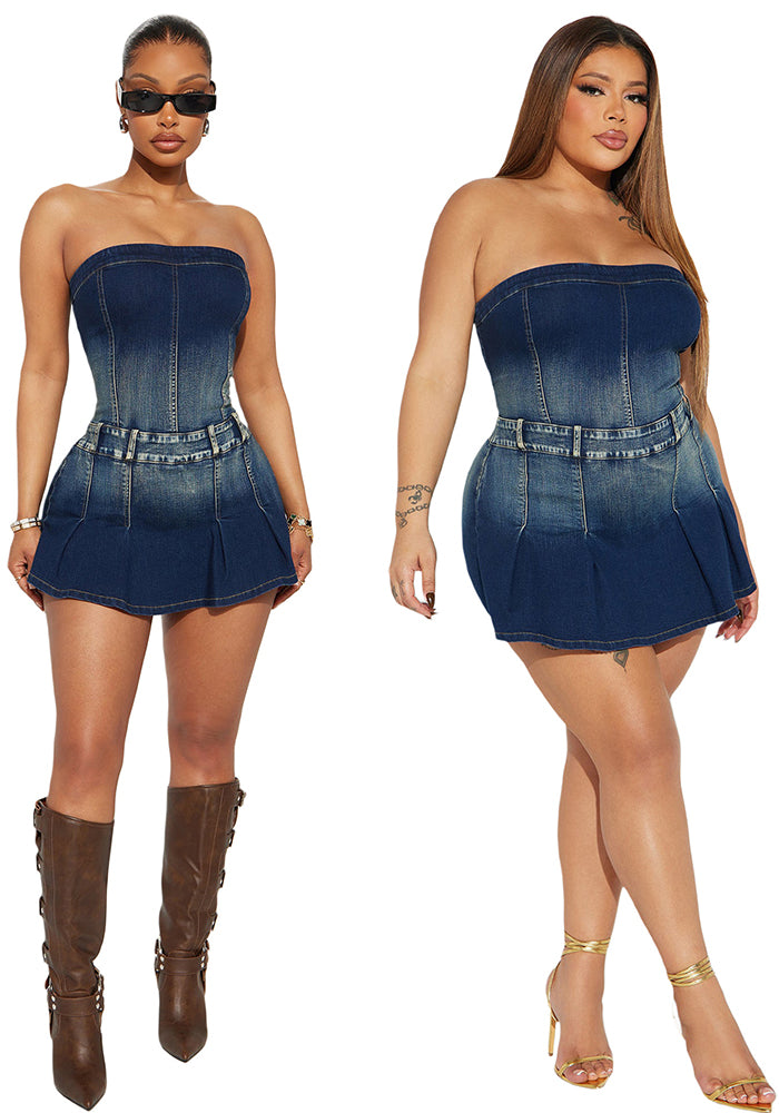 Tight Waist Slim Washed Denim Strapless Jumpsuit