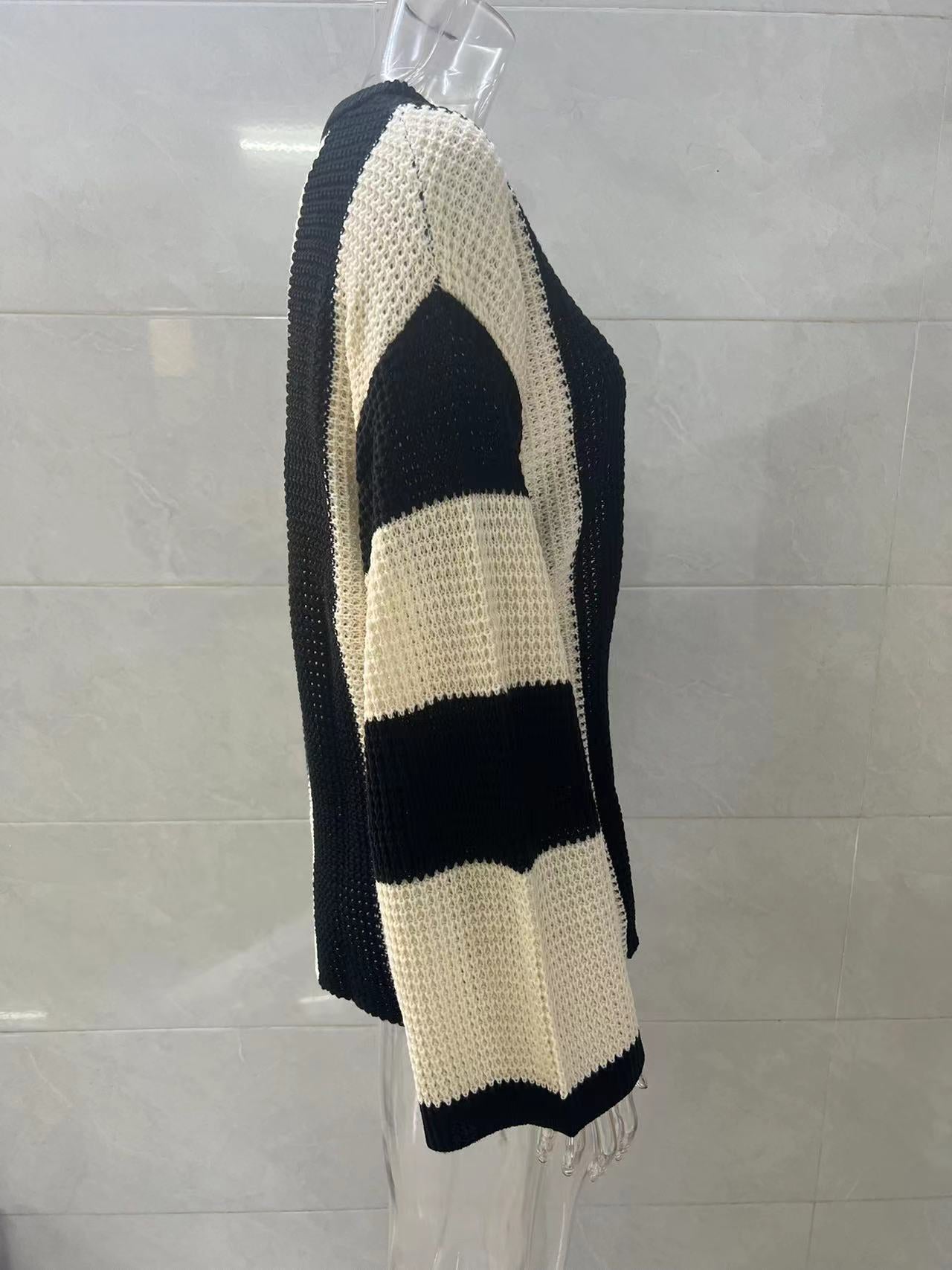 Spring And Autumn Trendy Knitting Sweater Top Round Neck Striped Sweater Jacket For Women 14