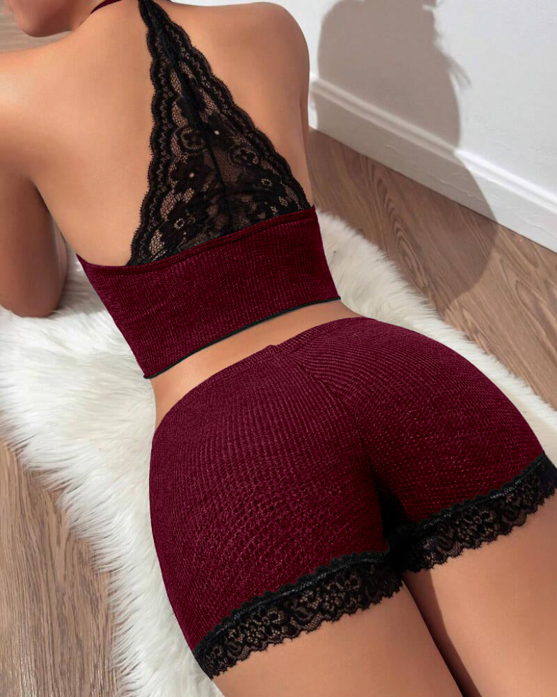 Women contrasting lace patchwork backless waffle casual Pajama two-piece set 4